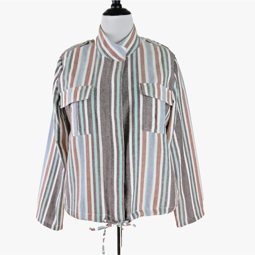 Mystree Size L Linen Blend Jacket Long Sleeve Striped Blue Gray Brown - Picture 3 of 13